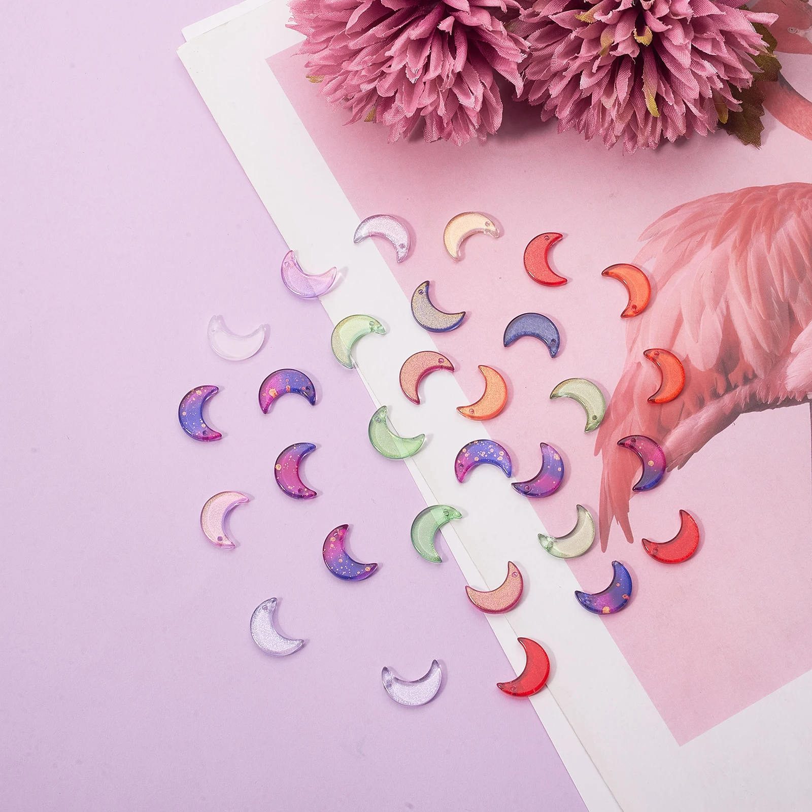 200Pcs  10 Colors Transparent Moon  Glass Beads, with Glitter Powder, Top Drilled, For Jewelry Craft Making DIY Necklace