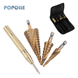 Foret étagé en spirale HSS de 4 à 32mm + jeu de poinçons de positionnement, foret étagé conique à tige hexagonale en acier rapide pour l'alésage du métal 