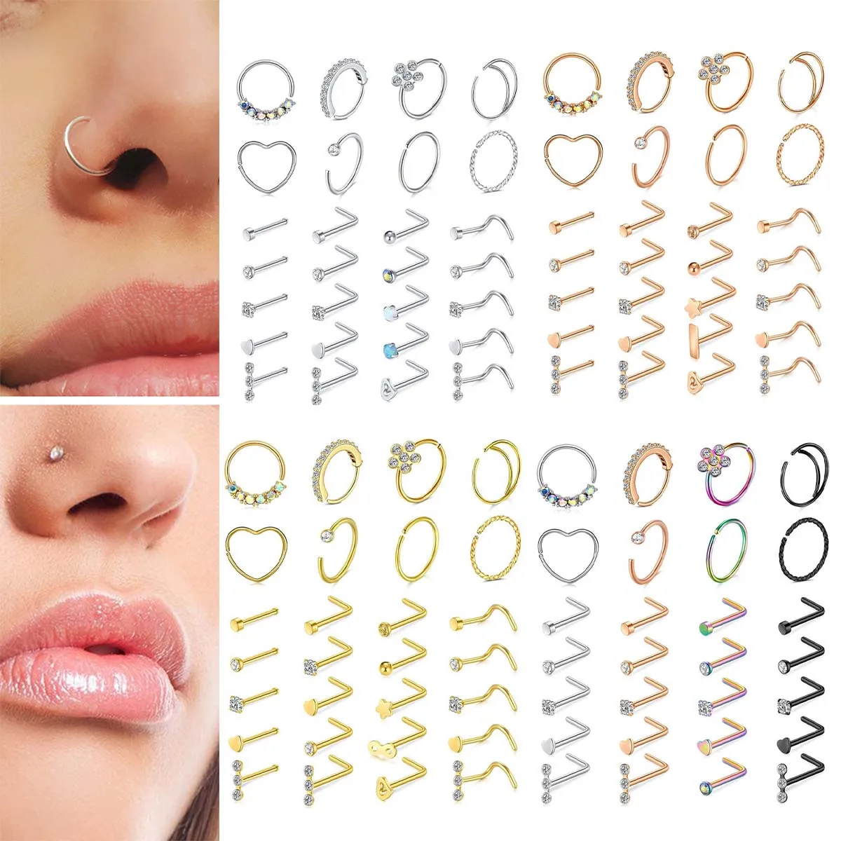 21PCS 316L Surgical Steel Nose Ring Nose Hoop CZ L