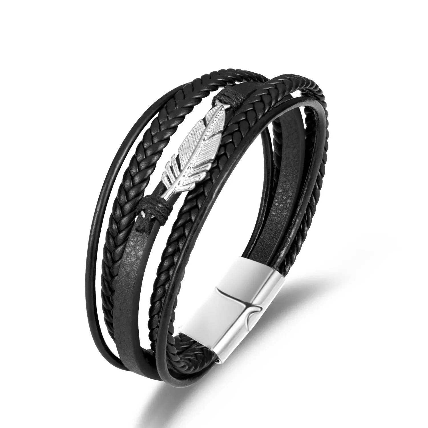 

Light luxury fashion leather rope feather alloy charm bracelet for men, magnetic clasp bangle