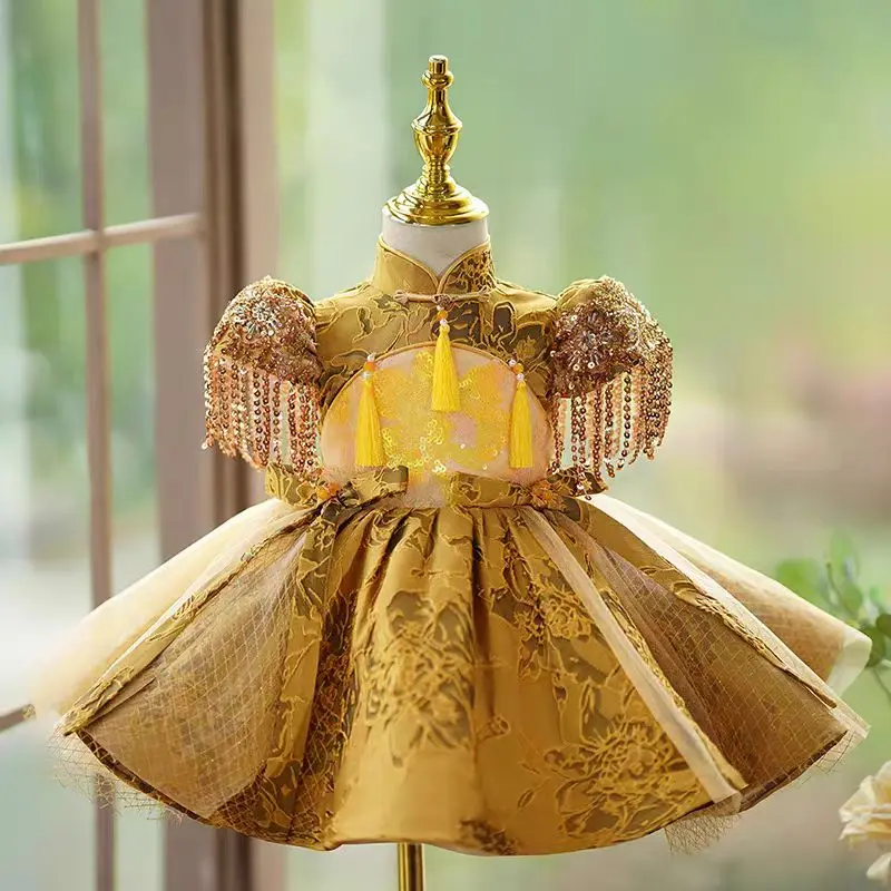 Jill Wish J490 Luxury Gold Flower Girl Dress Knee Length Puffy Sleeve Children Princess Wedding Toddler Birthday Party Gowns
