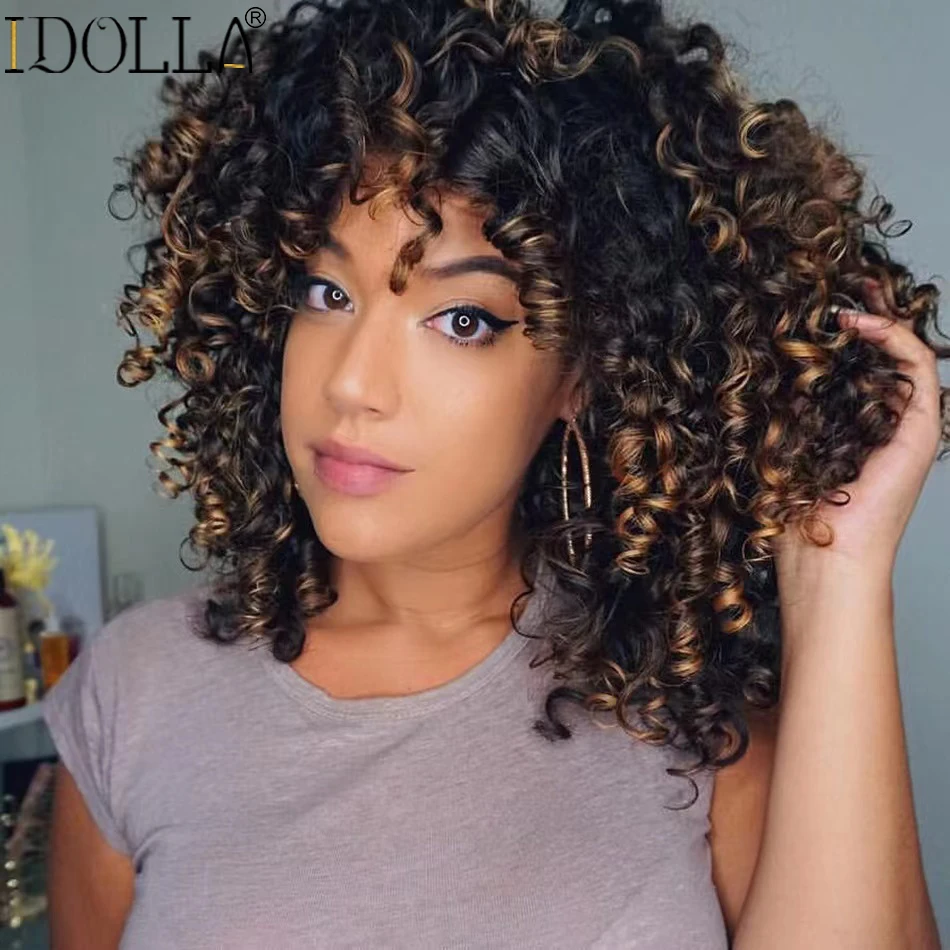 

Idolla Short Afro Curly Wig With Bangs For Black Women Synthetic Daily Wigs High Tempreture Black Wigs Natural Glueless Ombre