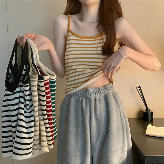 Casual French Summer Thin Knitted Camisole Girls Stripped Camis Crop Top  Woman High Stretchy Basic Sleeveless Camisole - AliExpress