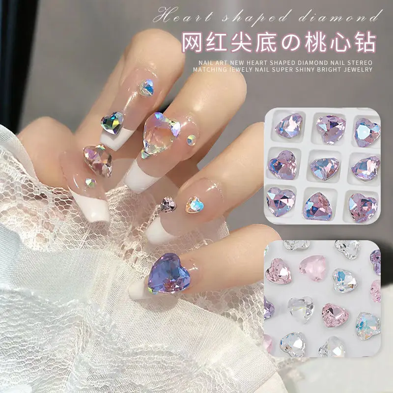 

5Pcs High Quality Water Diamonds Peach Heart Shape Crystal Nail Rhinestone Non HotFix Nail Art Decoration Manicure Accessories