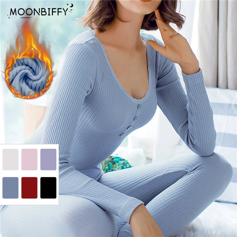 Women Thermal Underwear Seamless Long Sleeve Bottoming Top Long Johns  Sleepwear 2pcs Set Winter Antibacterial Warm Clothing Suit