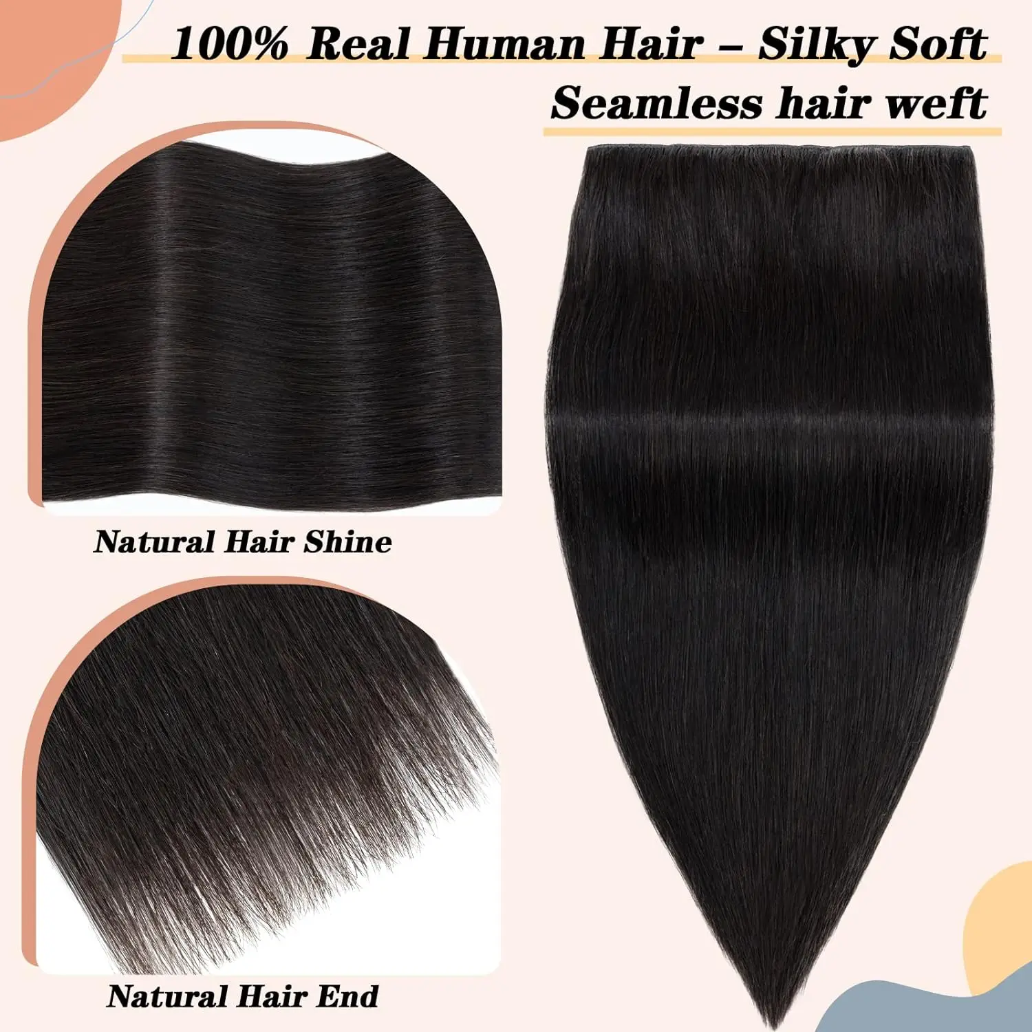 One Piece Clip in Human Hair Extensions 5 Clips 16-26 Inch Natural Color #1B 3/4 Full Head Thick Soft Silky Straight Hair