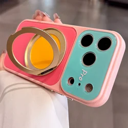 Magnetic Rotating Ring Case with Dopamine Contrast Colors and Metal Bracket - iPhone 15 (Pink)