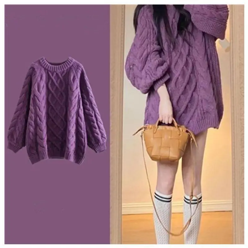 

Women Autumn Winter New Knitted Sweater Wear Korean Round Neck Braided Purple Thickened Lazy Fashion Straight Round Neck