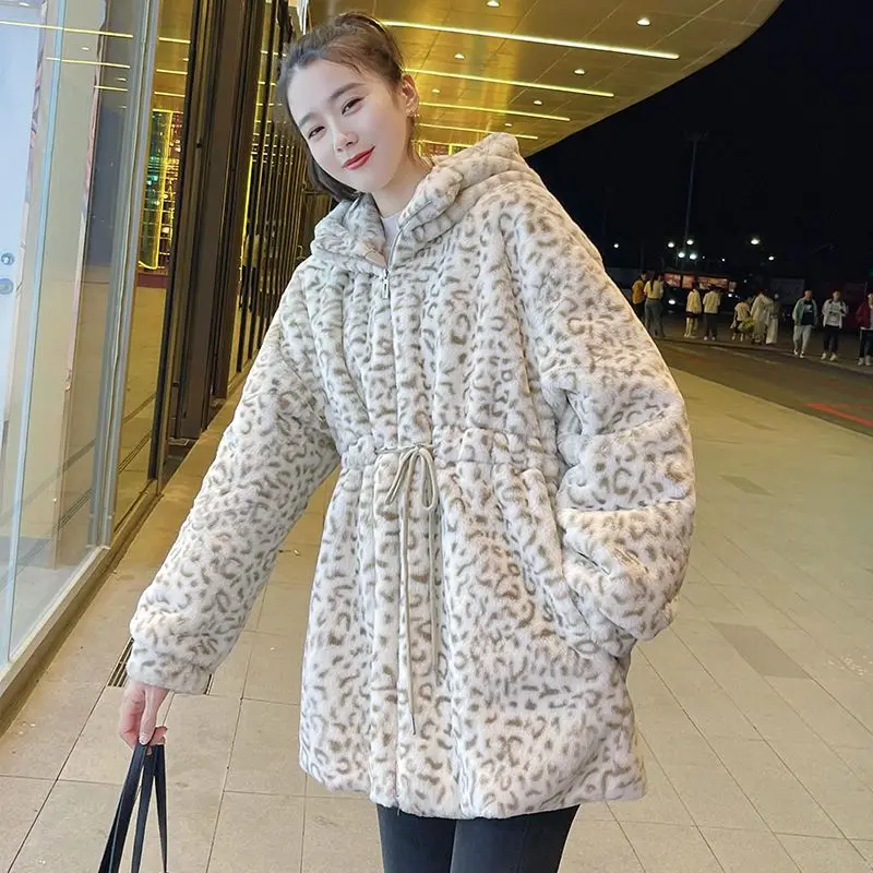 2023 Winter New Women Fashion Faux Mink Fur Coat Female Mid-Length Loose Large Size Hooded Casual Leopard Print Thicken Outwear