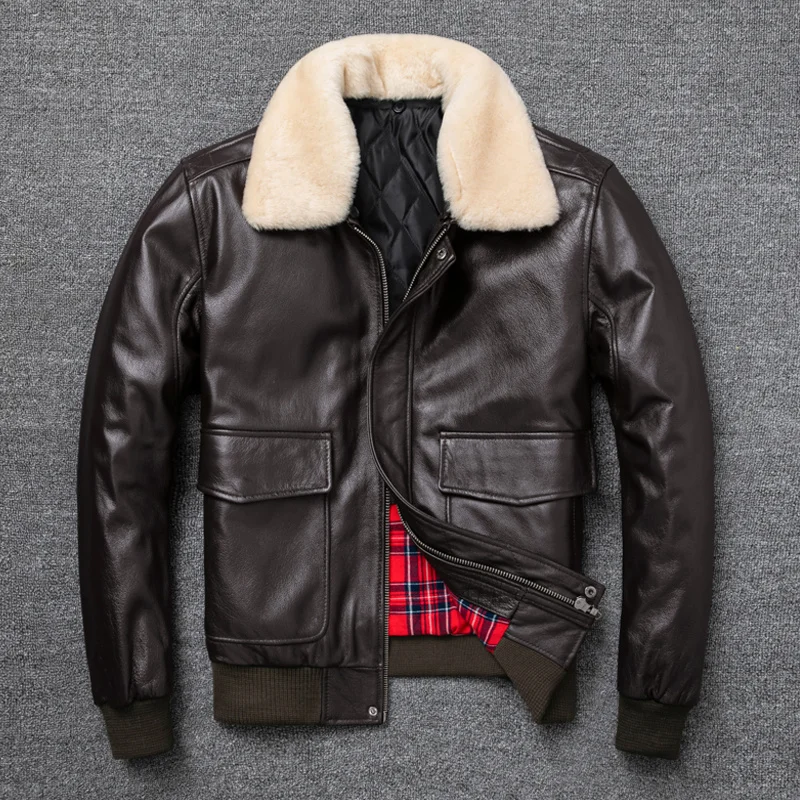 

G1 Style Air Force Flight Genuine Cow Leather Men's Jacket Fur Collar of Wool Thicken Warm Cowhide Clothes Men Brown Loose Coat