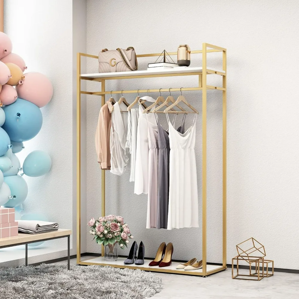 Sturdy Gold Metal Clothing Rack with Hanging and Shelves for Retail Display, 47.24 Linear Feet