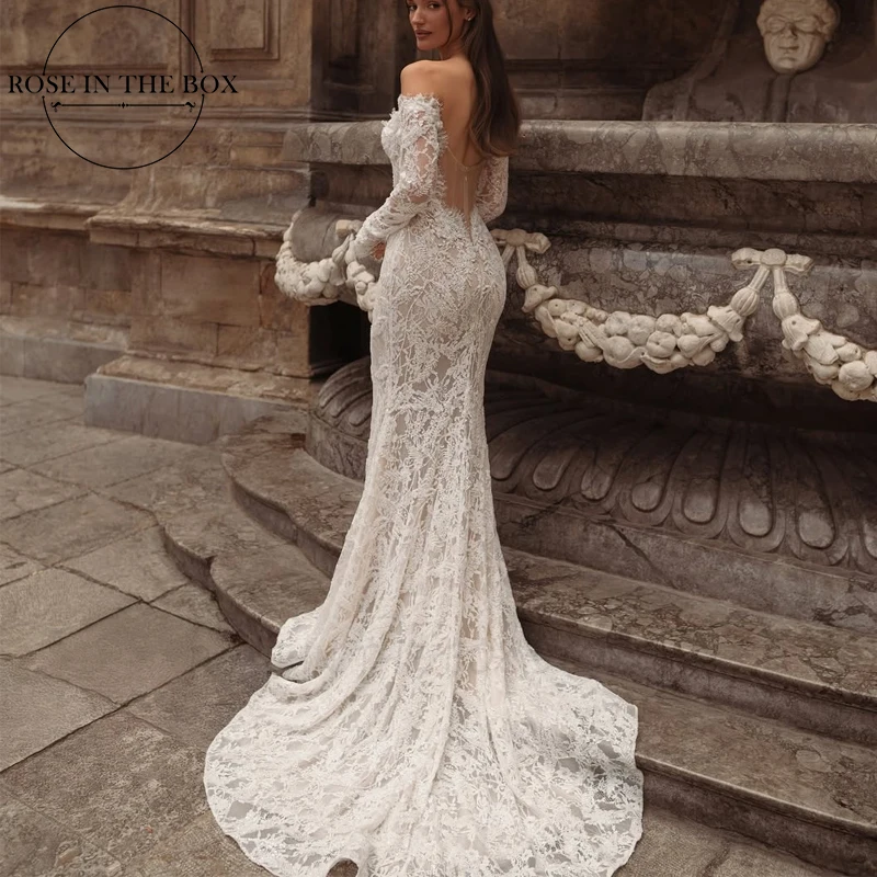 chinese dress ladies Elegant White Sweetheart Off-The-Shoulder Long Sleeves Ball Gown Cathedral Train Lace Wedding Dresses