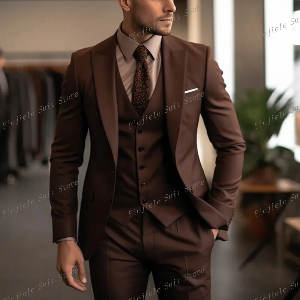 

New Brown 3 Piece Set Men Tuxedo Groom Groomsman Business Suit Wedding Party Dress Special Occasions Tuxedo Jacket Pants Vest