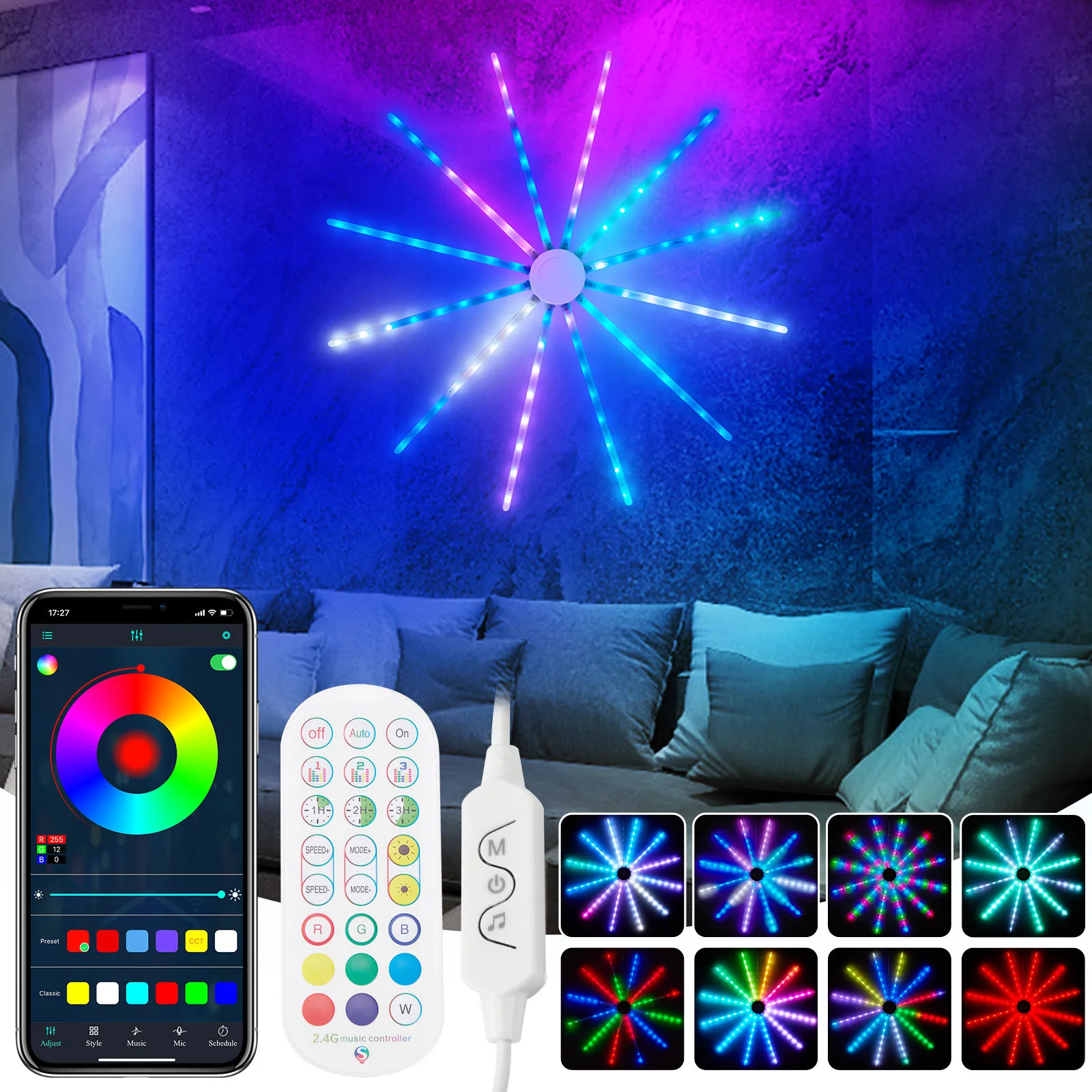 Firework Lights LED Strip USB Music Sync RGB Dream Colour Smart Bluetooth Light Bar Remote Dimmable for Christmas Party Decor