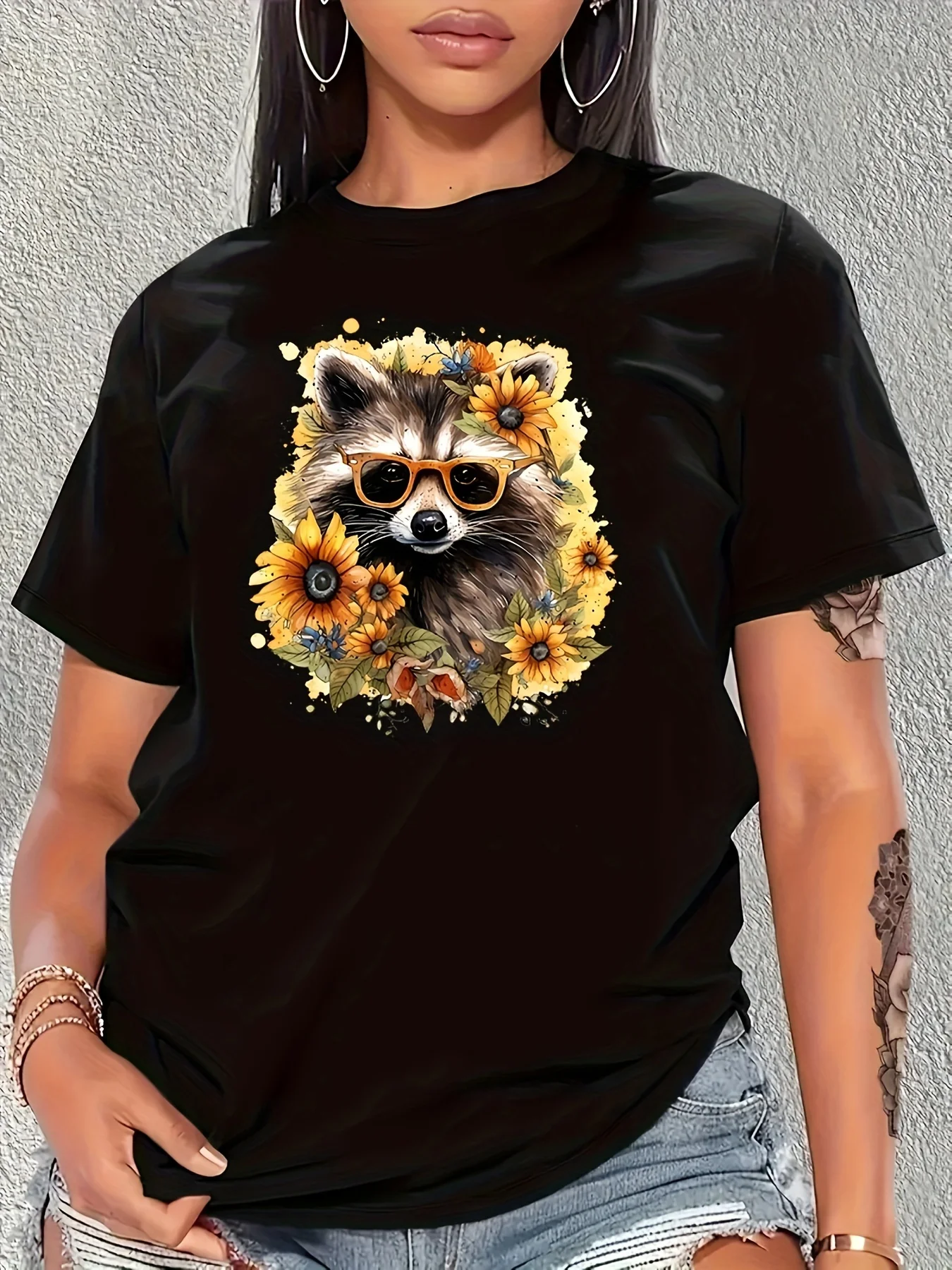 

Animal & Sunflower Print Crew Neck T-shirt, Short Sleeve Casual Top For Spring & Summer, Women's Clothing