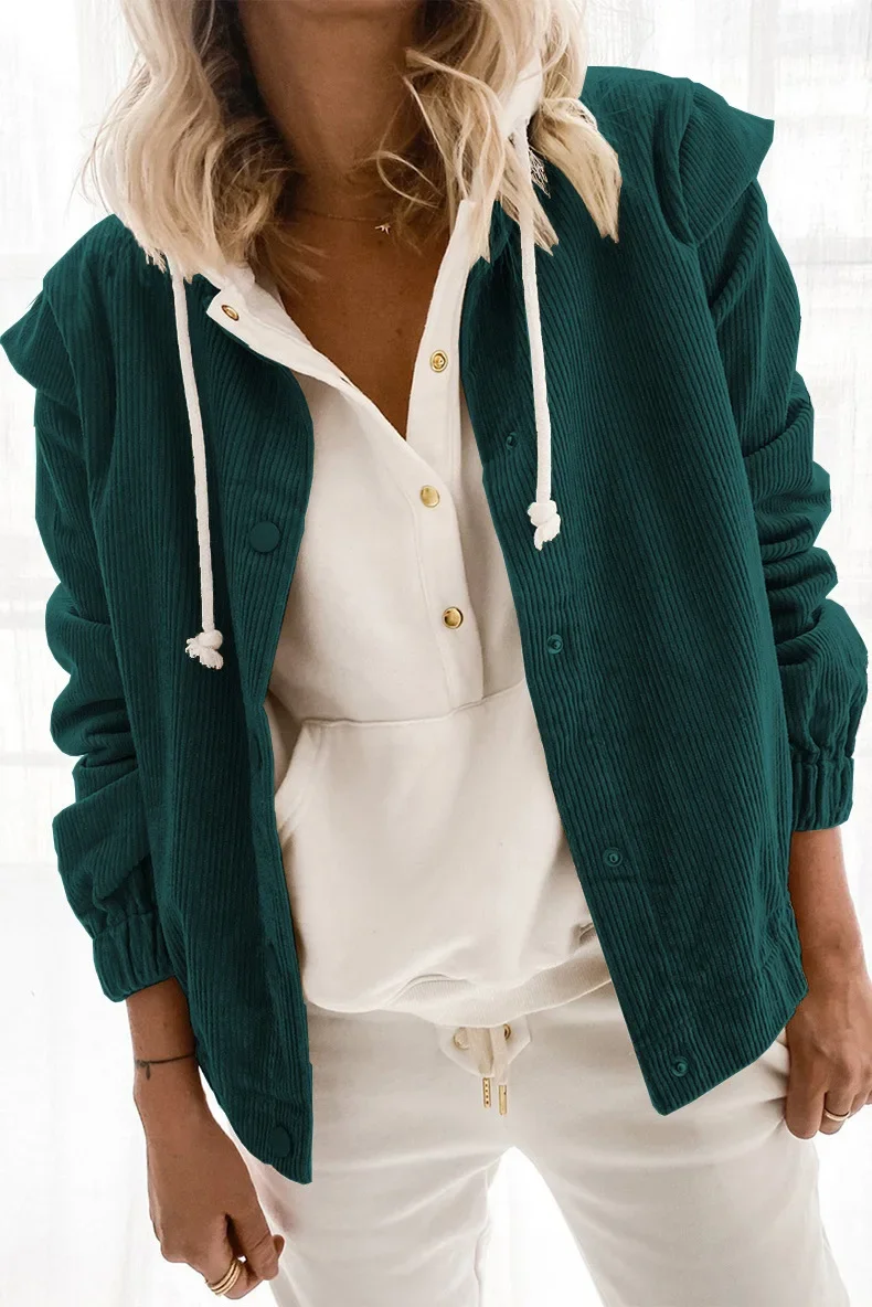 2024 Autumn and Winter Simple New Pure Color Corduroy Cardigan Women's Fashion Loose Long-sleeved Lapel Women's Casual Jacket