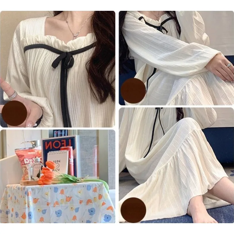 2024 New Long-sleeved Nightgown Women Summer Thin Long-sleeved Square Neck Pajamas Loose Homewear Spring Autumn Sleepshirts