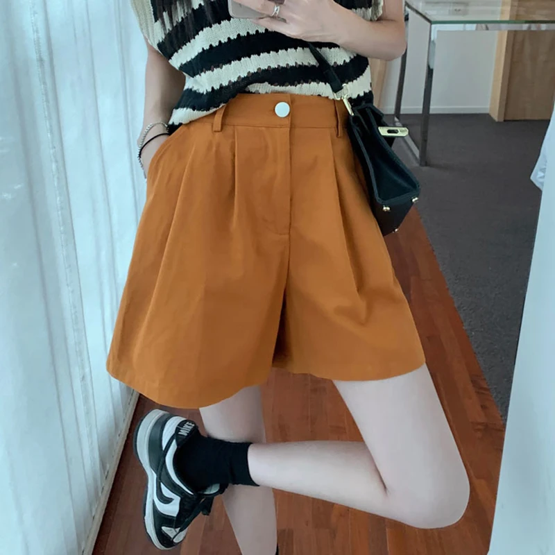 2022 Korean Style Fashion Summer Shorts For Women Y2K Streetwear Loose Wide Leg Short Pants Femme Solid High Waist Cotton Shorts