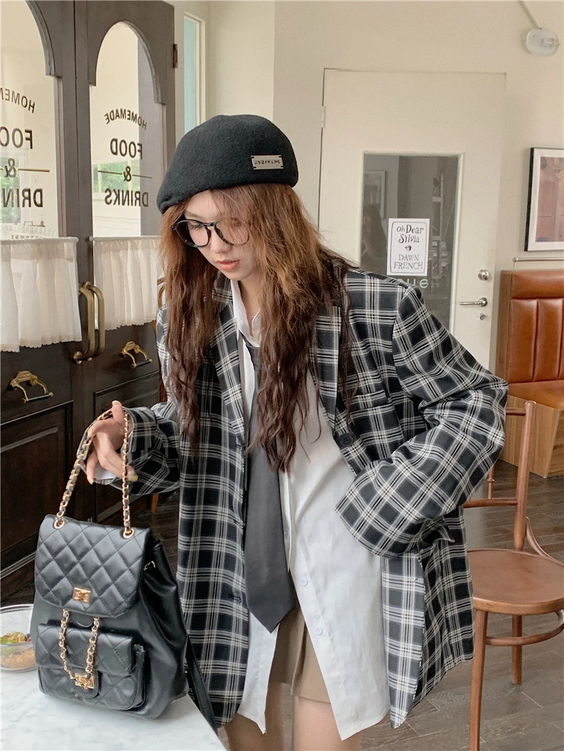 

JMPRS Spring 2023 Preppy Style Black Plaid Blazer Women Fashion Single Breasted Jacket Female Casual Loose Streetwear Coats New