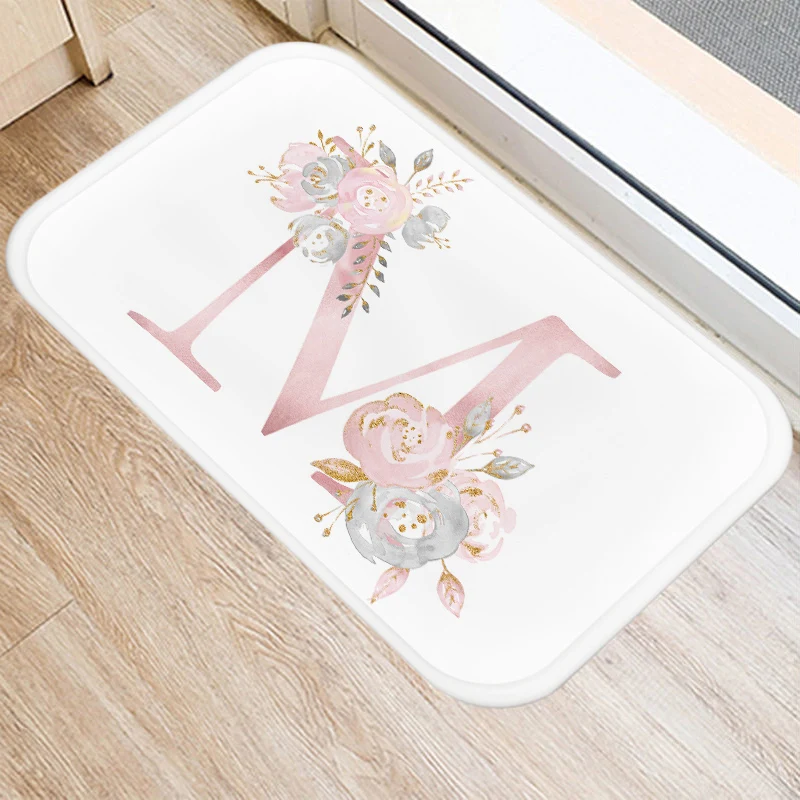 

Pink Flower Letter Pattern Kitchen Bath Entrance Door Mat Coral Velvet Carpet Doormat Indoor Floor Mats Anti-Slip Rug Home Decor