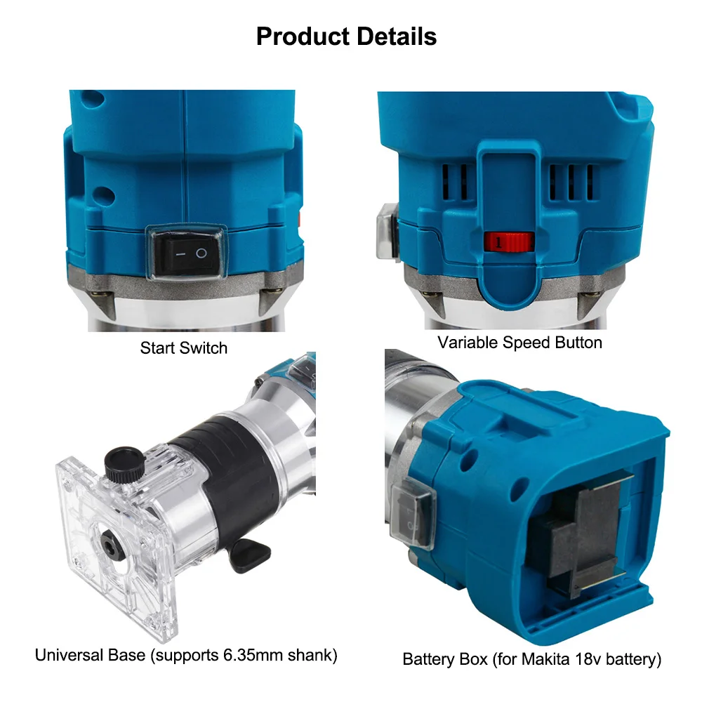 1000W Cordless Electric Trimmer Woodworking,6.35mm Wood Router,21v Engraving Slotting Carving Machine for Makita 18V Battery 4