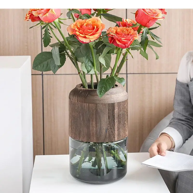 

Прозрачная искусственная ваза, деревянные декоративные цветочные горшки, настольное украшение, искусственный цветок, декоративная Цветочная композиция