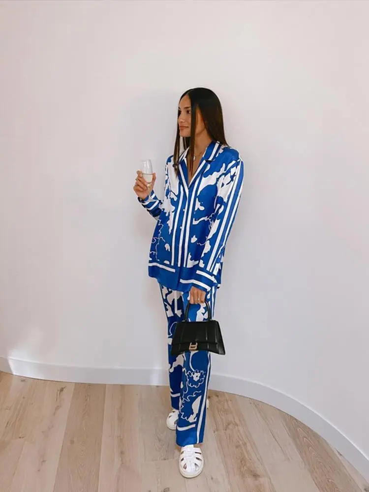Loose Printing Two-piece Set Elegant Long Sleeve Single Breasted Shirt Wide Leg Pants Sets High Street Lady Suit - Image 6