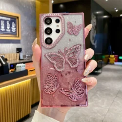 Cute Cartoon 3D Butterfly Diamond Glitter Gradient Phone Case with Plating Trim for Samsung S23Ultra (Pink SF)