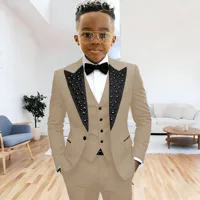 Costume noir pour garçons, smoking de soirée, costume de mariage pour enfants, costume à cristaux perlés, 3 pièces, veste, pantalon, gilet, robe de bal formelle 3