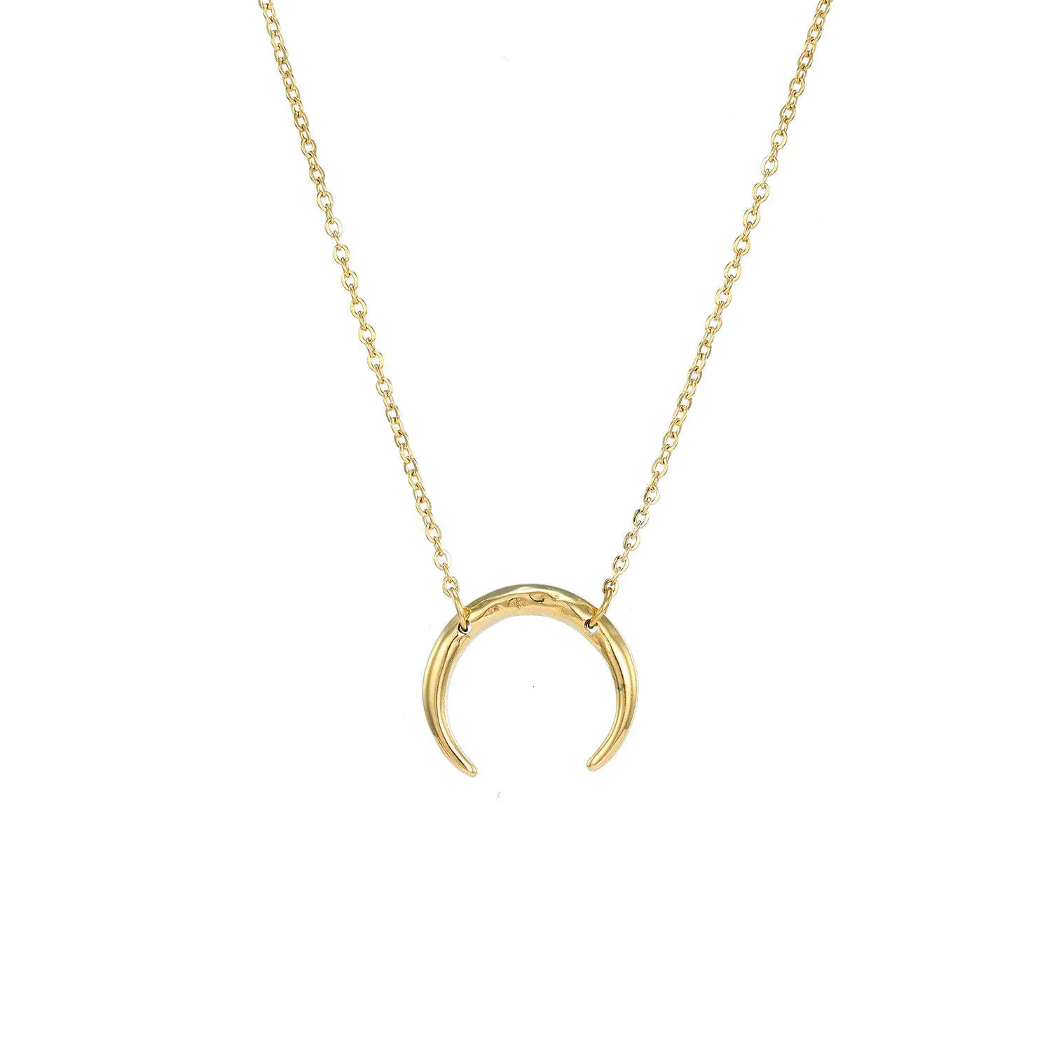 14K Gold Plated Stainless Steel New Curved Moon Pendant Necklaces Link Chain