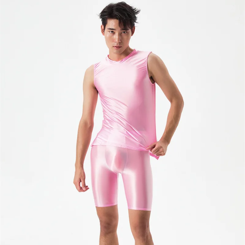Men Silky Shiny Tight Transparent Vest Five-point Pants Oily Fitness Shorts Glossy Swimming Sports Yoga Suit Plus Size
