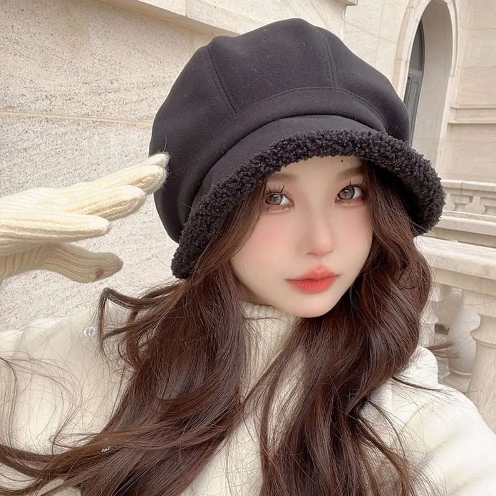 

Wide Brim Suede Bucket Hat Elegant Plus Lamb Hair Windproof Leisure Visor Cap Outdoor Warm Painter Hat Women Girl