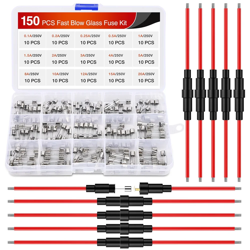 Car Fuse Kit - 10 Inline Holders + 100 Glass Fuses, Assorted Amps (0.2A To 15A), Storage Box Included