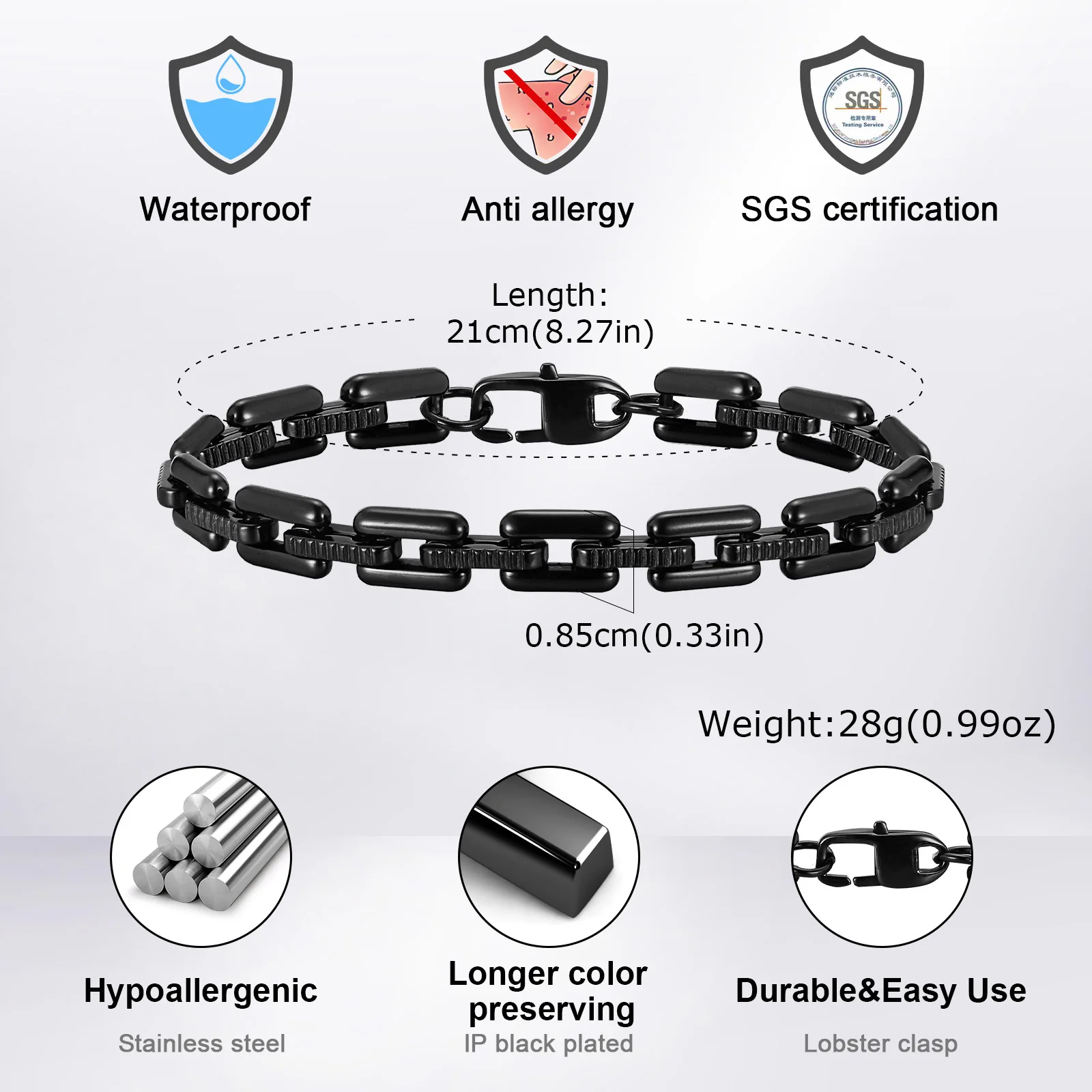 Black Stainless Steel Bracelets for Men Boys,Handmade Rectangle Chain Link Wristband,Stylish Jewelry Gifs for Him