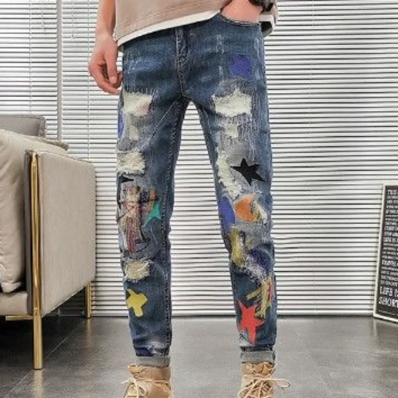 Graphic Men's Jeans Tapered Man Cowboy Pants Ripped Print Torn Slim Fit Trousers Korean Fashion Retro Broken Harajuku Xs XL