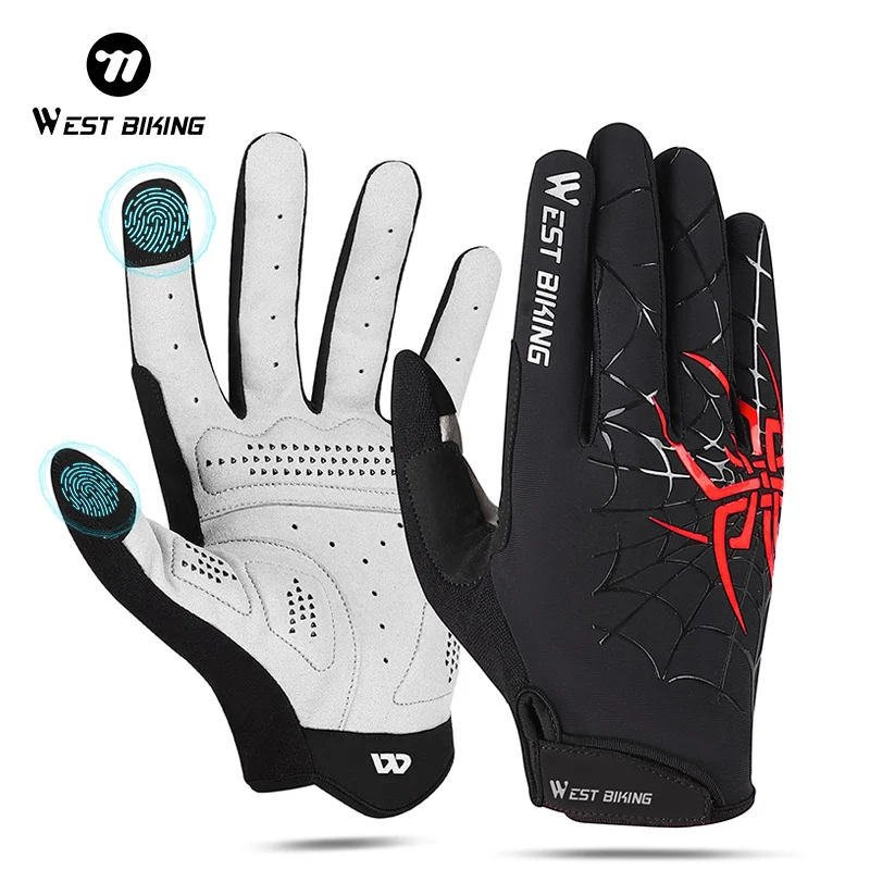Cycling Gloves WEST BIKING Full Finger Touch Screen Men Women MTB Spider Pattern Anti-Slip Spring Autumn Bicycle