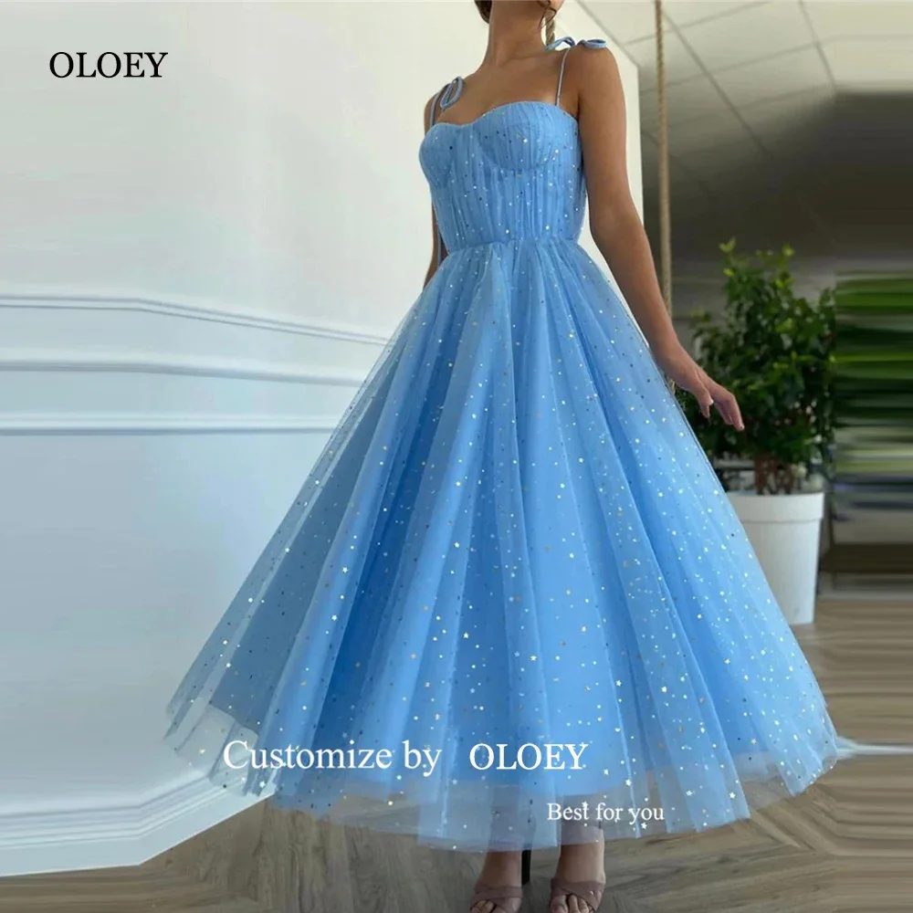 

Giyu Sparkly Stars Sky Blue Tulle Prom Dresses Spaghetti Straps Sweetheart Ankle Length Evening Gowns Teenage Formal Party