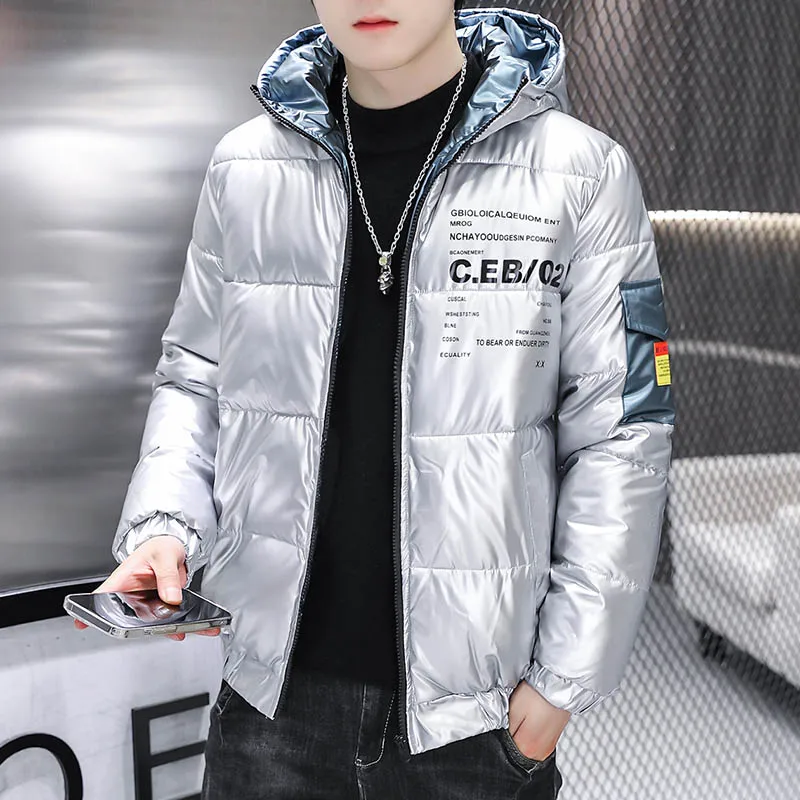 New Casual Bright Hooded Cotton-Padded Jackets Men's 2023 Autumn Winter Warm Down Coats Tops Clothing Youth Outwear Thick Parkas