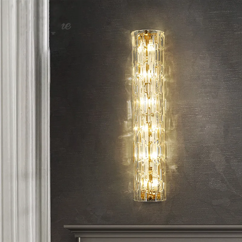 

Copper long strip wall light bedroom bedside lamp living room background wall lamp crystal light luxury wall lamp