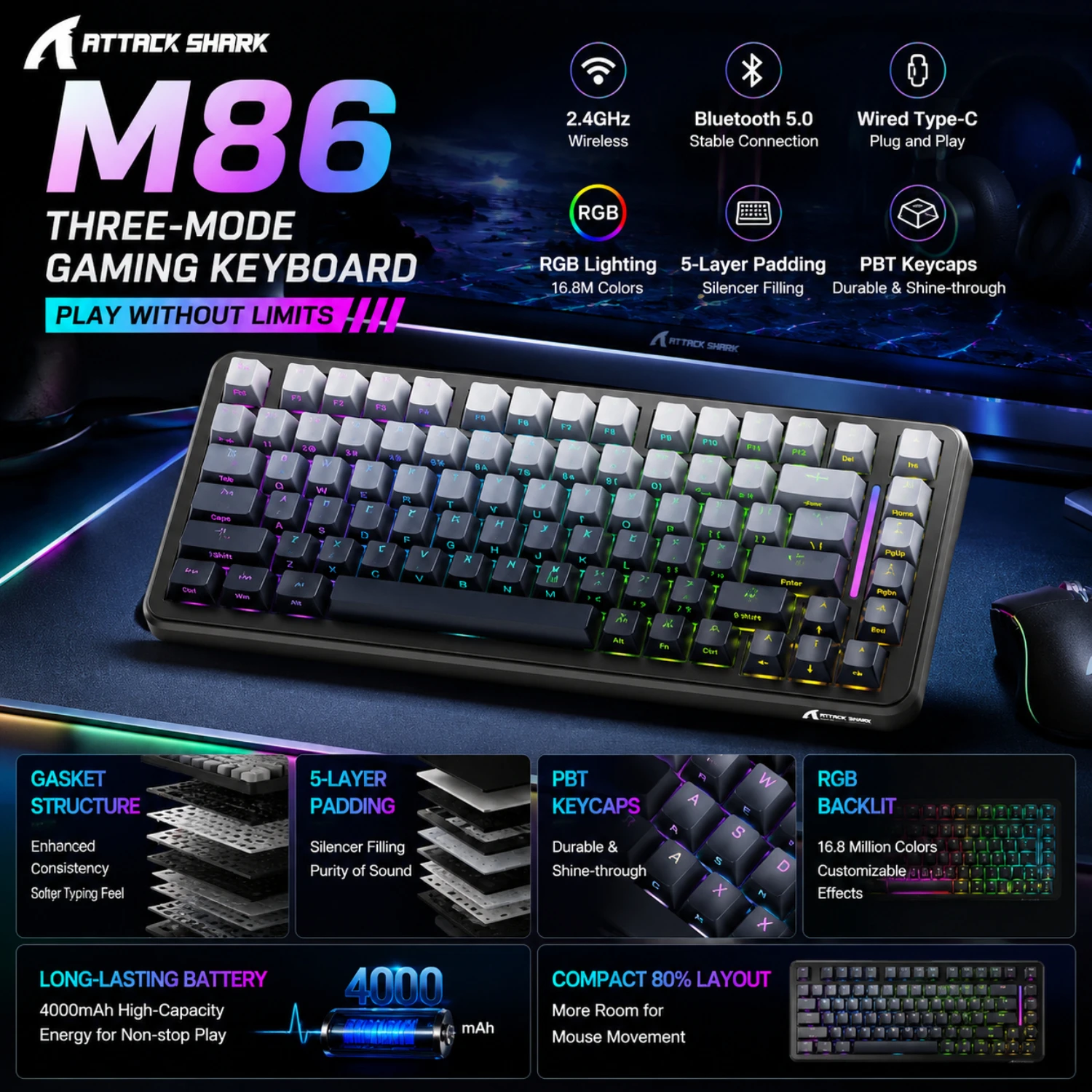 어택 샤크 M86 RGB 무선 기계식 키보드 |   블루투스, 완전히 핫스왑 가능한 키, 400mAh 배터리, 매크로 드라이버 지원