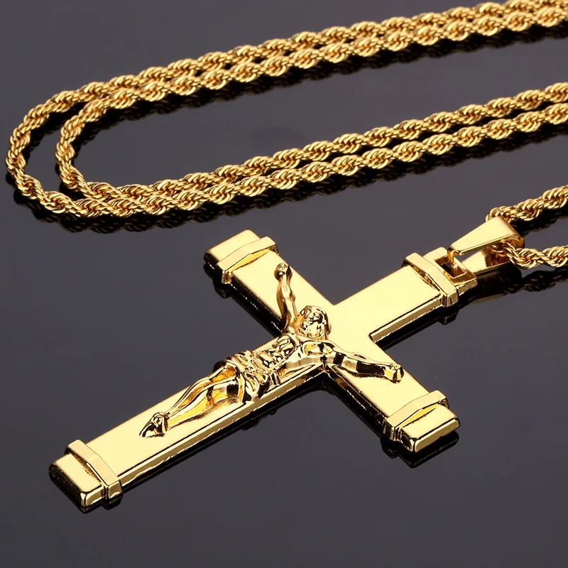 

High quality 24K Gold Plated Jesus Christ Cross Pendant Hip hop Rap Golden Crucifixio Cuban Chain Necklace Men Jewelry