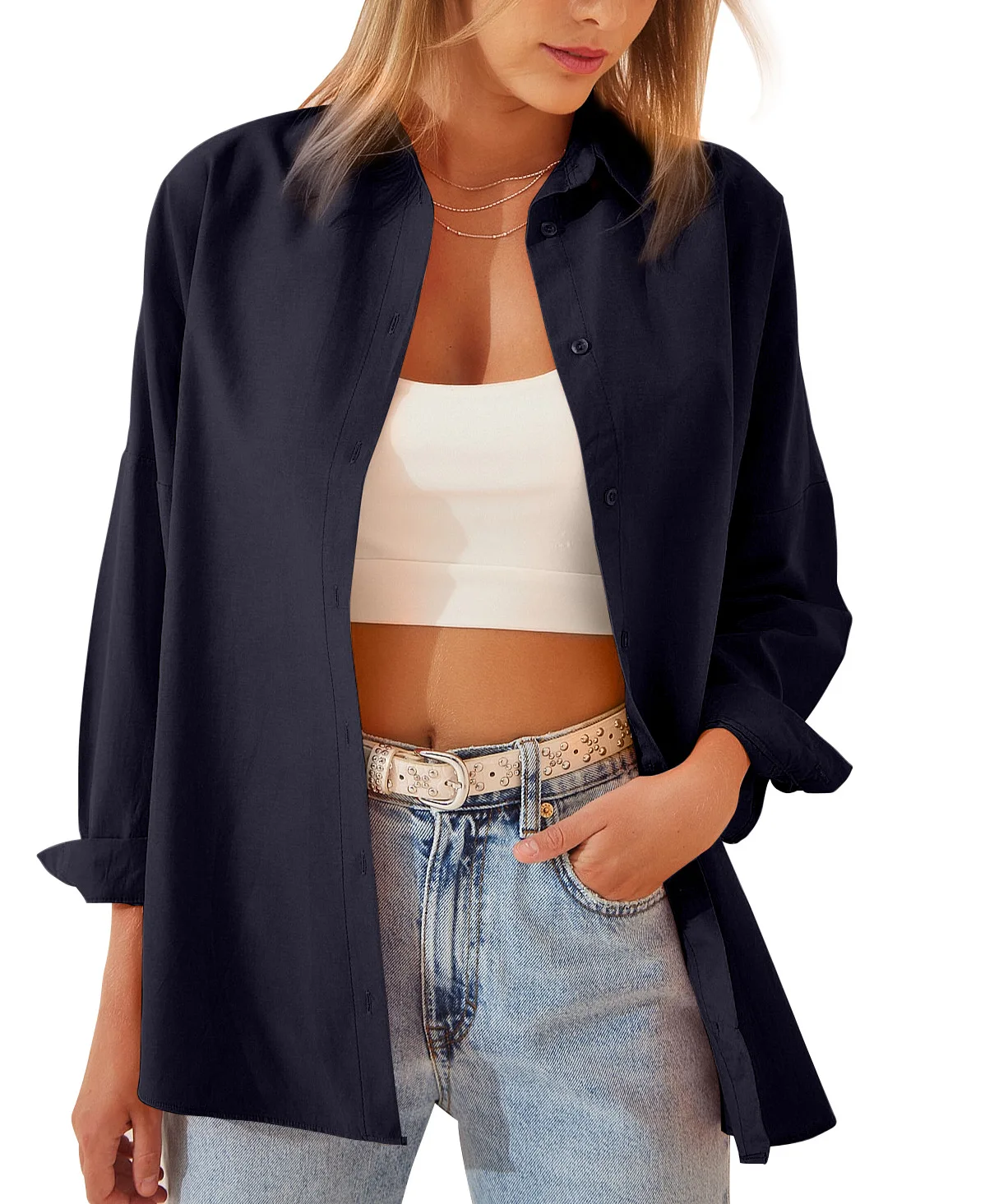Womens Clothing V-neck Solid Button Long Sleeve Casual Blouse