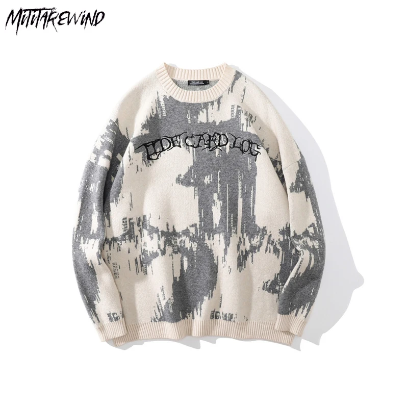 

High Street Tie-dye Jacquard Sweater Letter Embroidery Knitted Sweater Harajuku Casual Loose Men Sweater Pullovers Black White