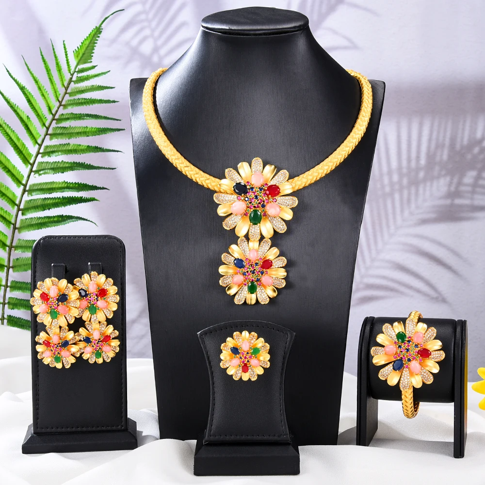 

GODKI New Trendy Pink Coral UAE Dubai Bridal Jewelry Set For Women Wedding Party Nigerian African Necklace Earring Accessory