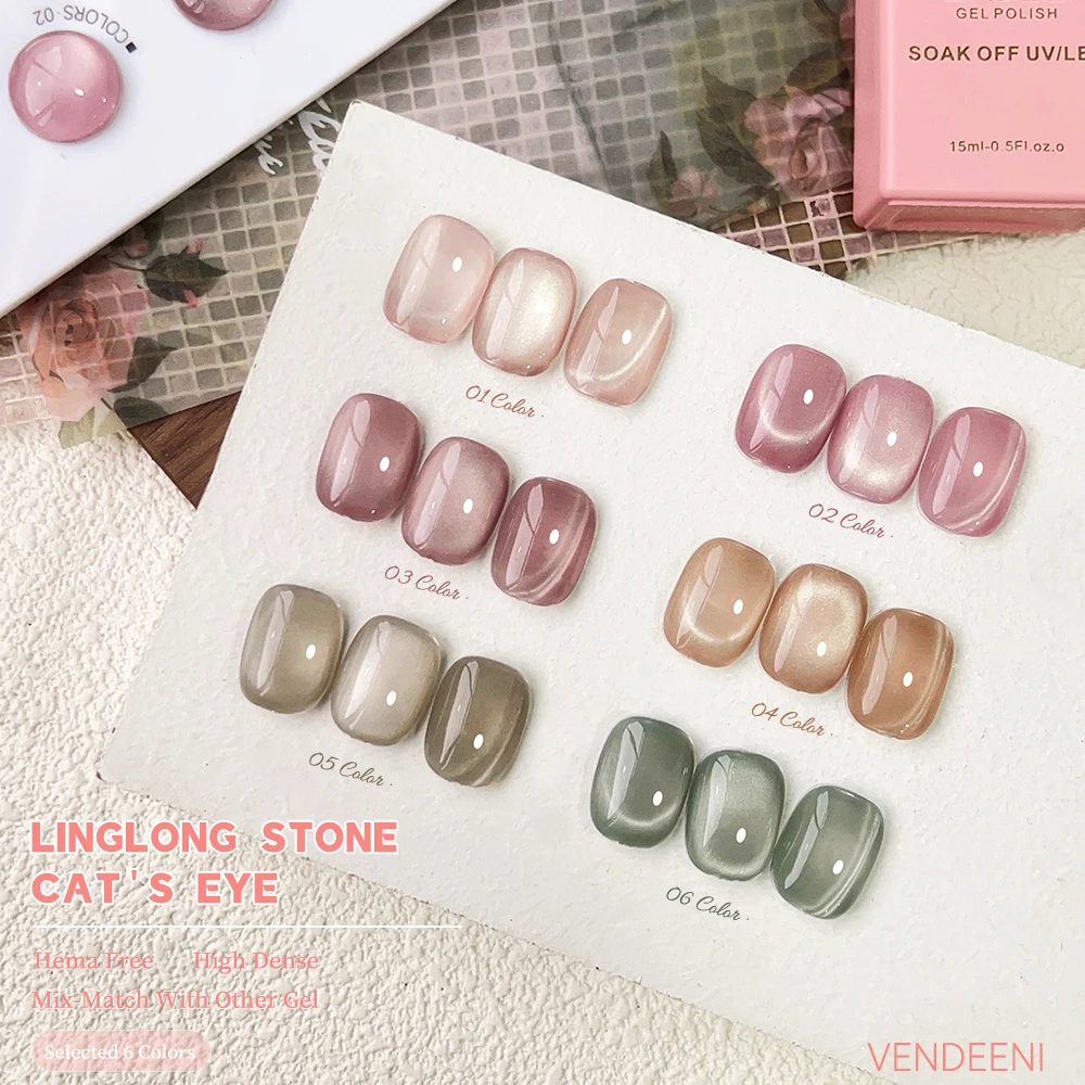 Vendeeni 6 Colors Magnetic Cat Eye Gel Nail Polish Set Pink UV LED Soak Off Gel Varnish Crystal Cat Eye Gel Lacquer With Display 2