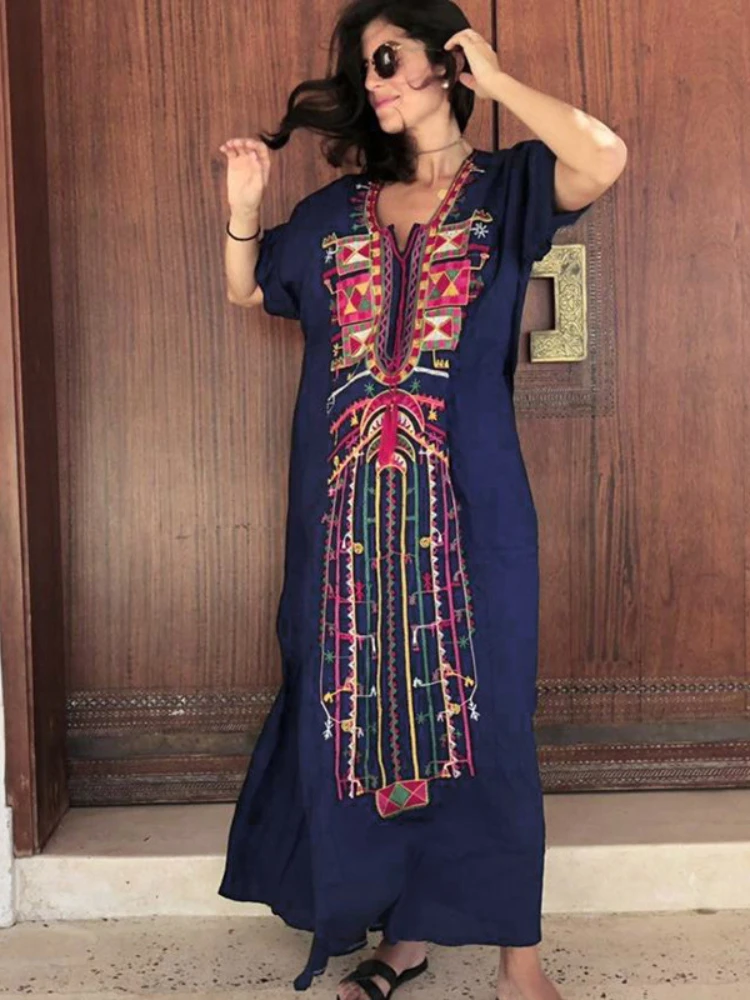 

Vintage Embroidery Kaftans for Women Beach Cover Ups Maxi Dresses Summer Short Sleeve Bathing Suits Swimwear Dropshipping