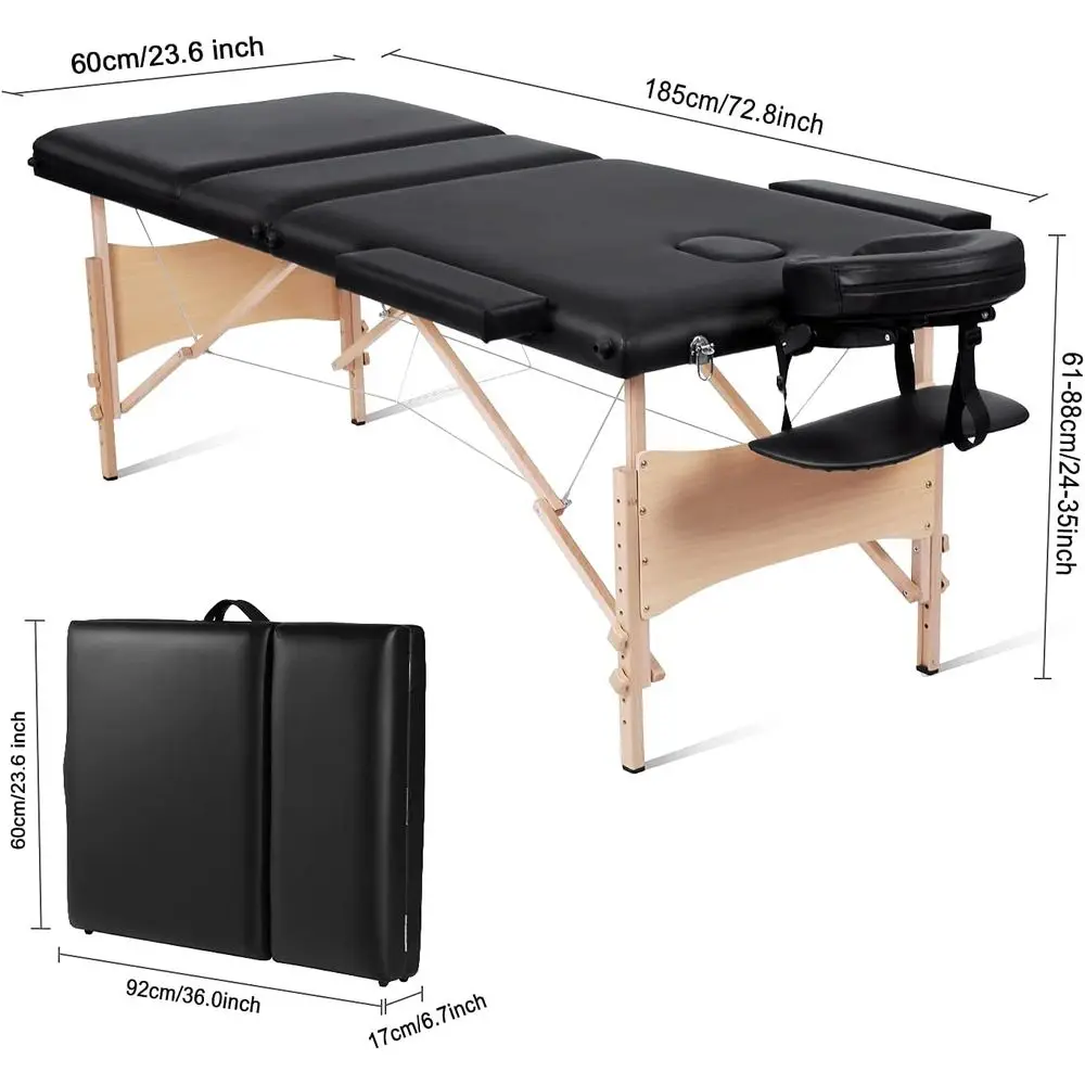 Portable 84 Height-Adjustable Black Massage Table with Carrying Bag for SPA Treatments