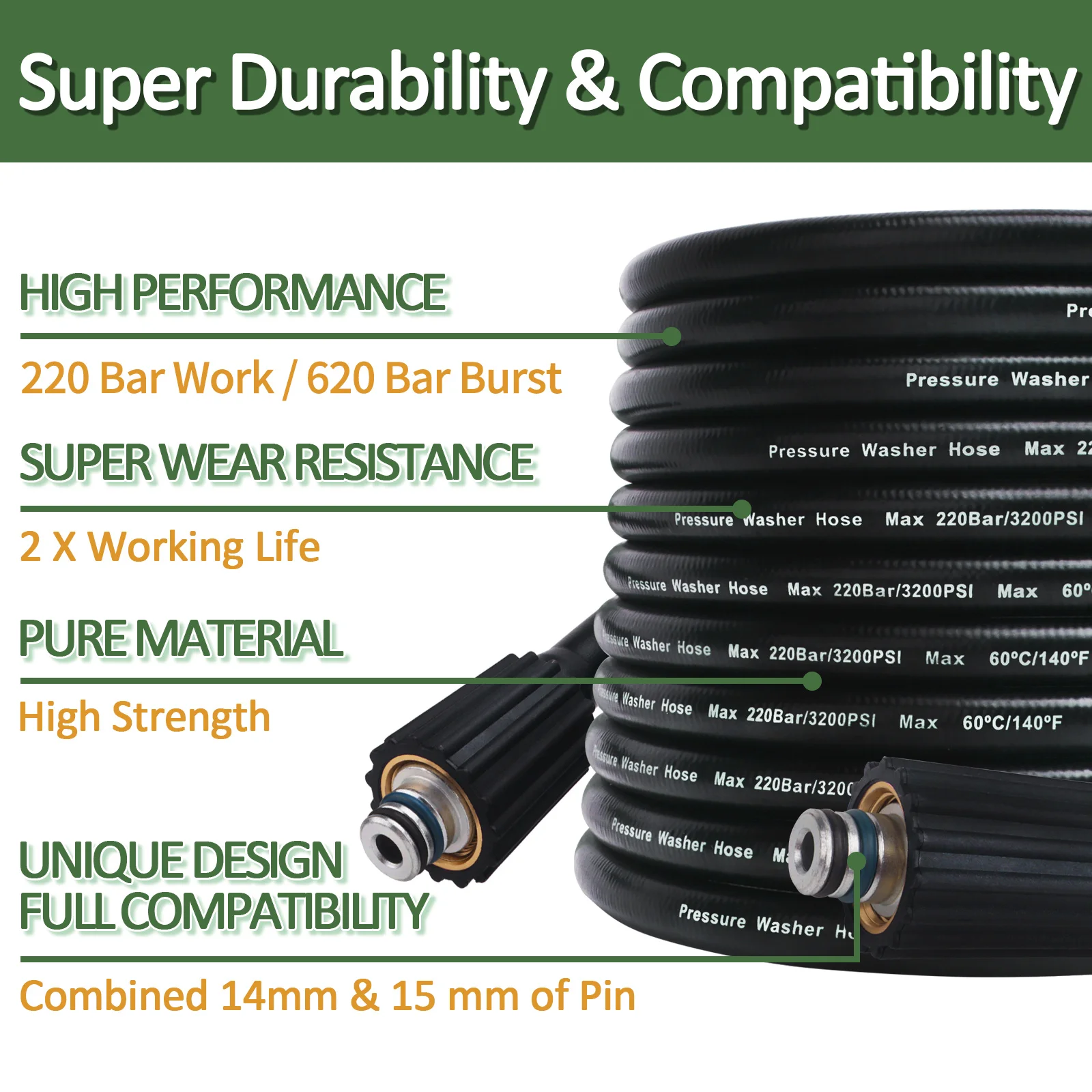 10m High Pressure Washer Hose Car Wash Water Cleaning Hose Extension Hose Cord Pipe for Bort HAMMER Huter Kohler Daewoo Sterwins 3