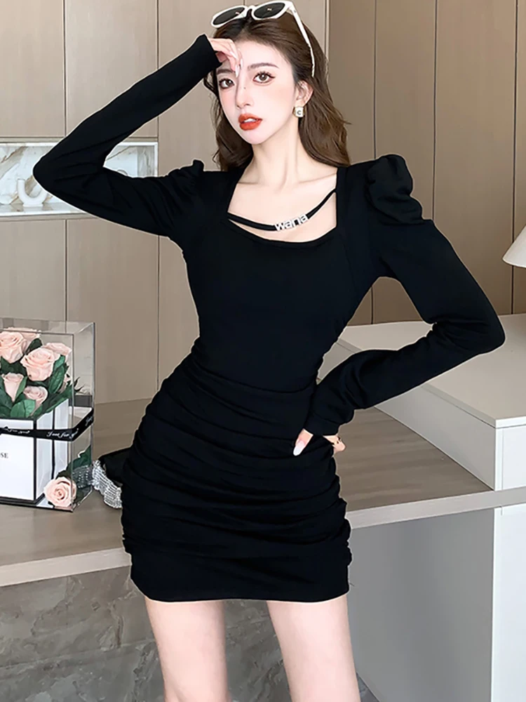 

Autumn Winter Black Pleated Bodycon Sqaure Collar Mini Dress Women Fashion Plus Velvet Dress 2023 Korean Vintage Party Vestidos