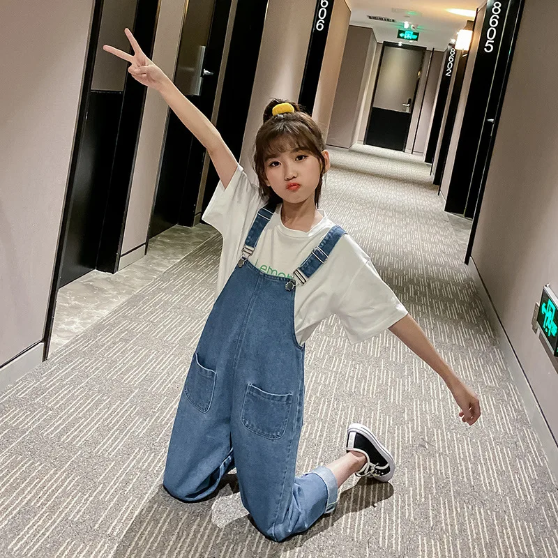 2023 Kids Overalls Jeans for Girls Children Denim Jumpsuit Pockets Spring Autumn Teens lady miss Suspender Trousers 5 9 12 year